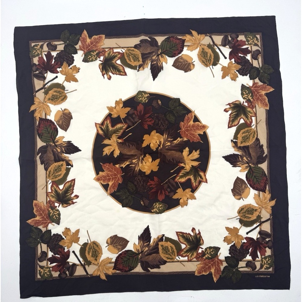 Liz Claiborne Silk Large 30" Square Scarf Fall Leaves Autumn Print Brown Country